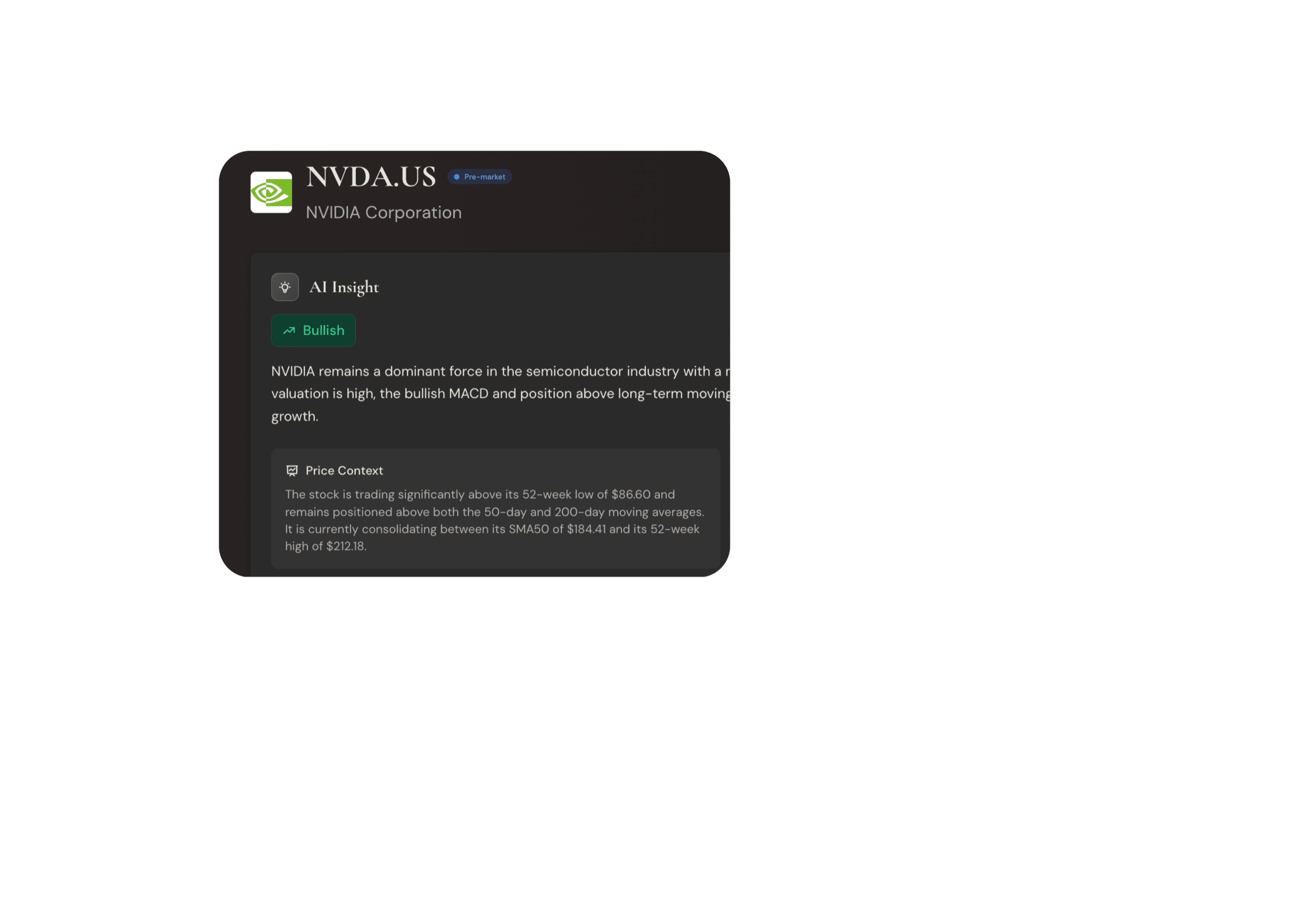 NVIDIA stock detail — AI Insight, Bullish sentiment, Price Context