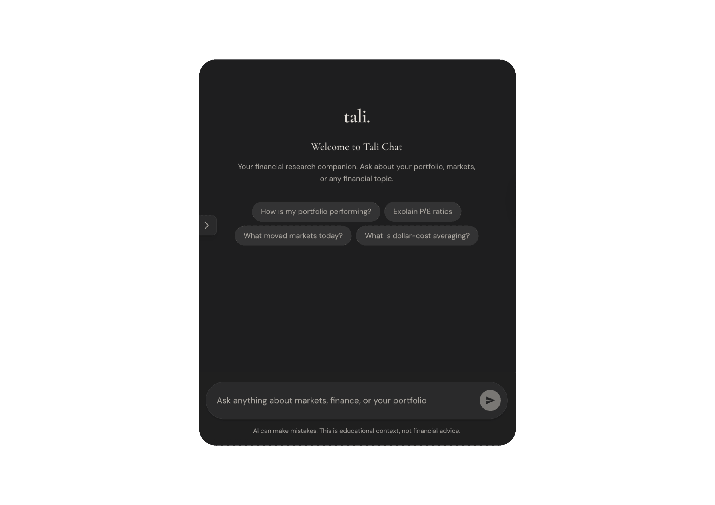 Tali Chat welcome — suggestion chips for portfolio, markets, and financial questions