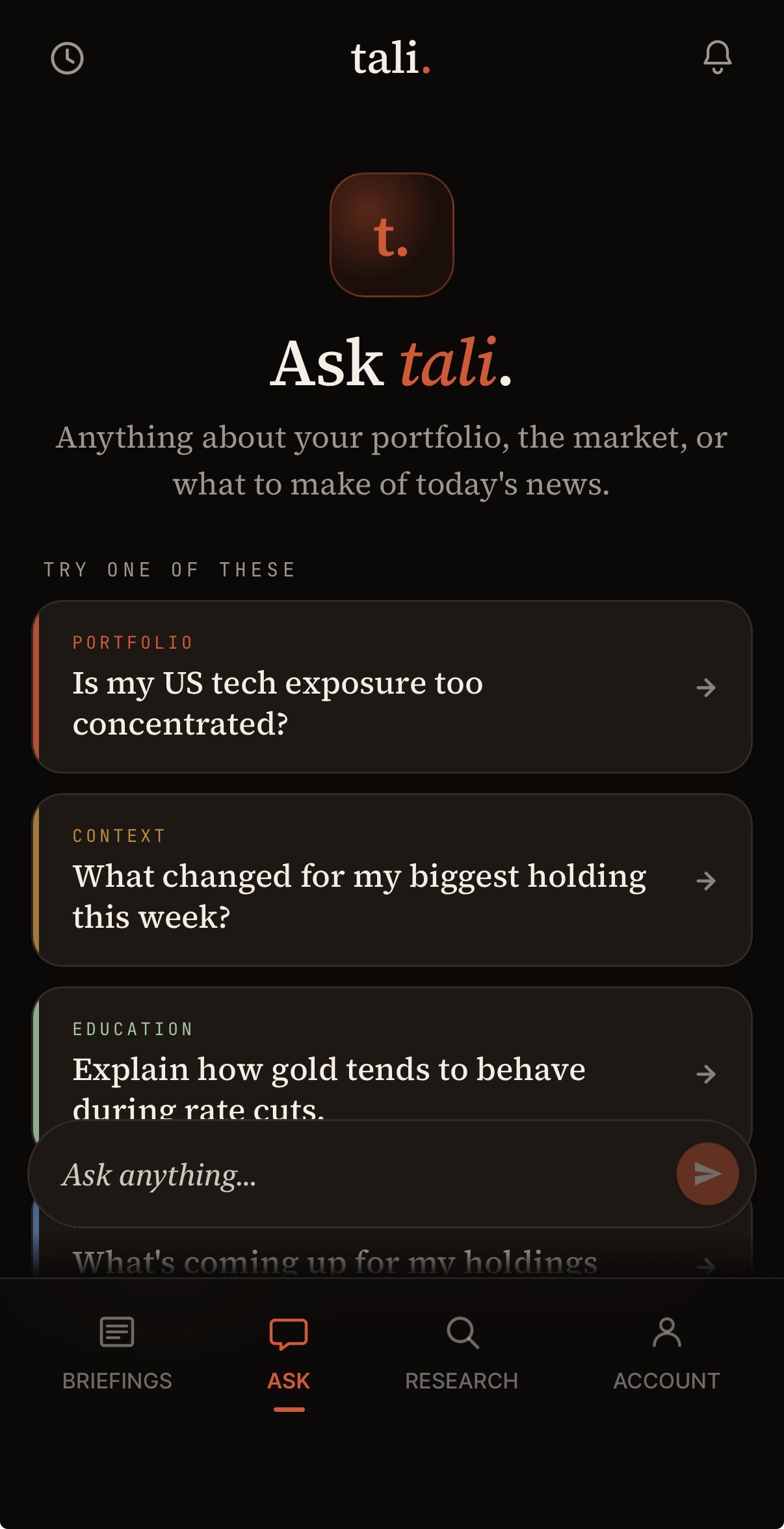 The Ask Tali screen, with suggested portfolio and market questions to ask.