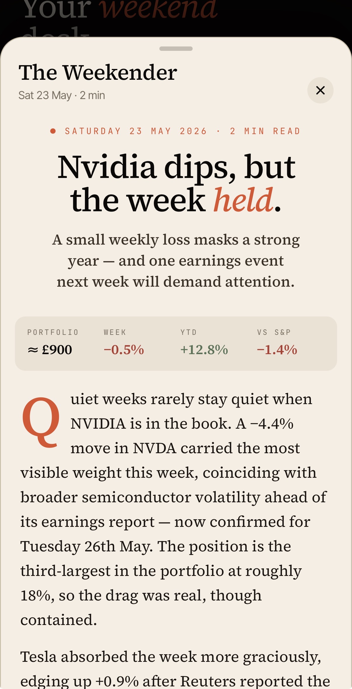 The Weekender briefing open in the Tali app, headlined “Nvidia dips, but the week held.”