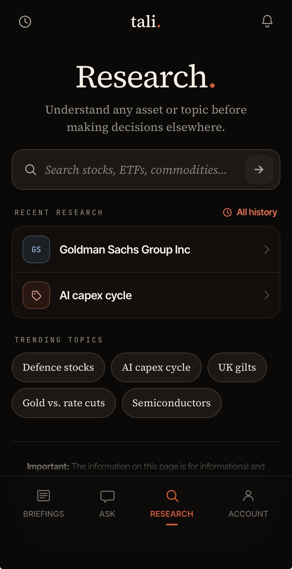 The Research screen, with a search field and trending topics like defence stocks and semiconductors.